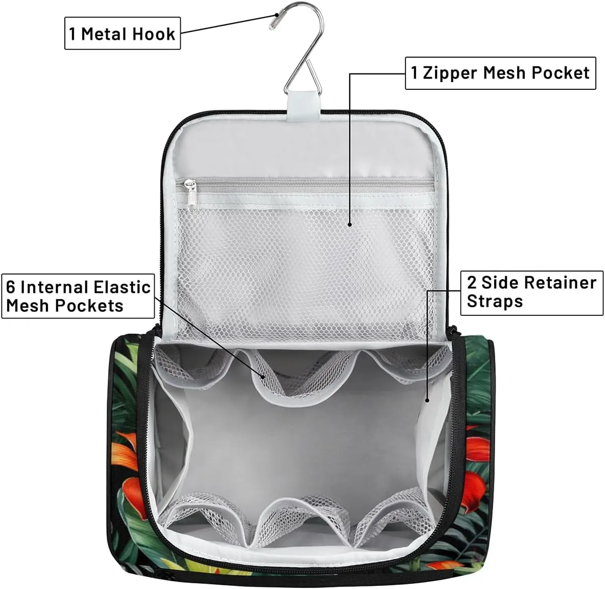 Tropical Leaf Flowers Hanging Toiletry Bags Travel Makeup Bag Water-resistant Makeup Cosmetic Bag Travel Organizer