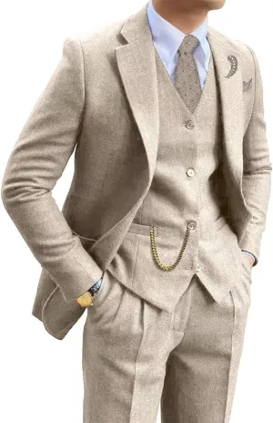 Tweed Herringbone Wool Blend 3 Piece Mens Suit Slim Fit Formal Business Men Suits Party Prom Tuxedo Set Suit Jacket Blazers Vest Pant Beige M