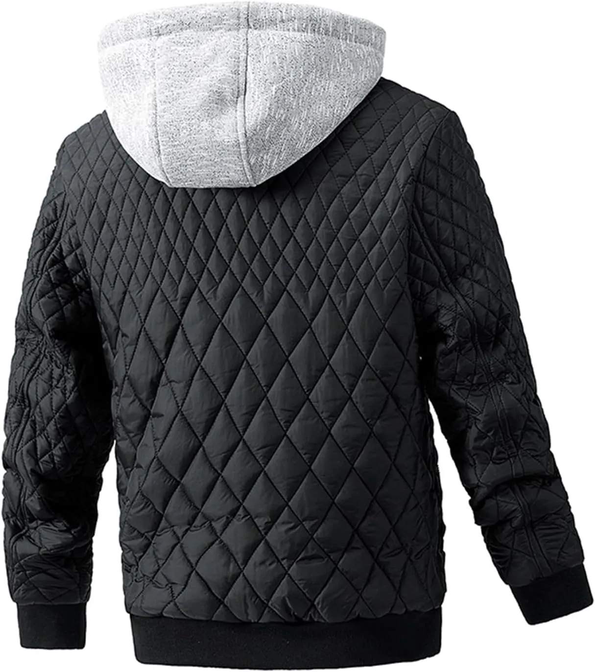 Varsity Jacket Men Diamond Quilted Jackets Winter Warm Padded Cotton Coat Outdoor Casual Zip Up Outerwear with Removable Hood