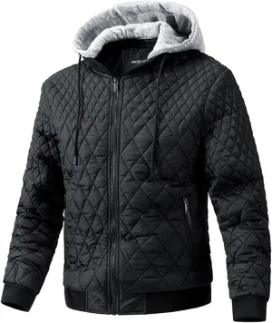 Varsity Jacket Men Diamond Quilted Jackets Winter Warm Padded Cotton Coat Outdoor Casual Zip Up Outerwear with Removable Hood
