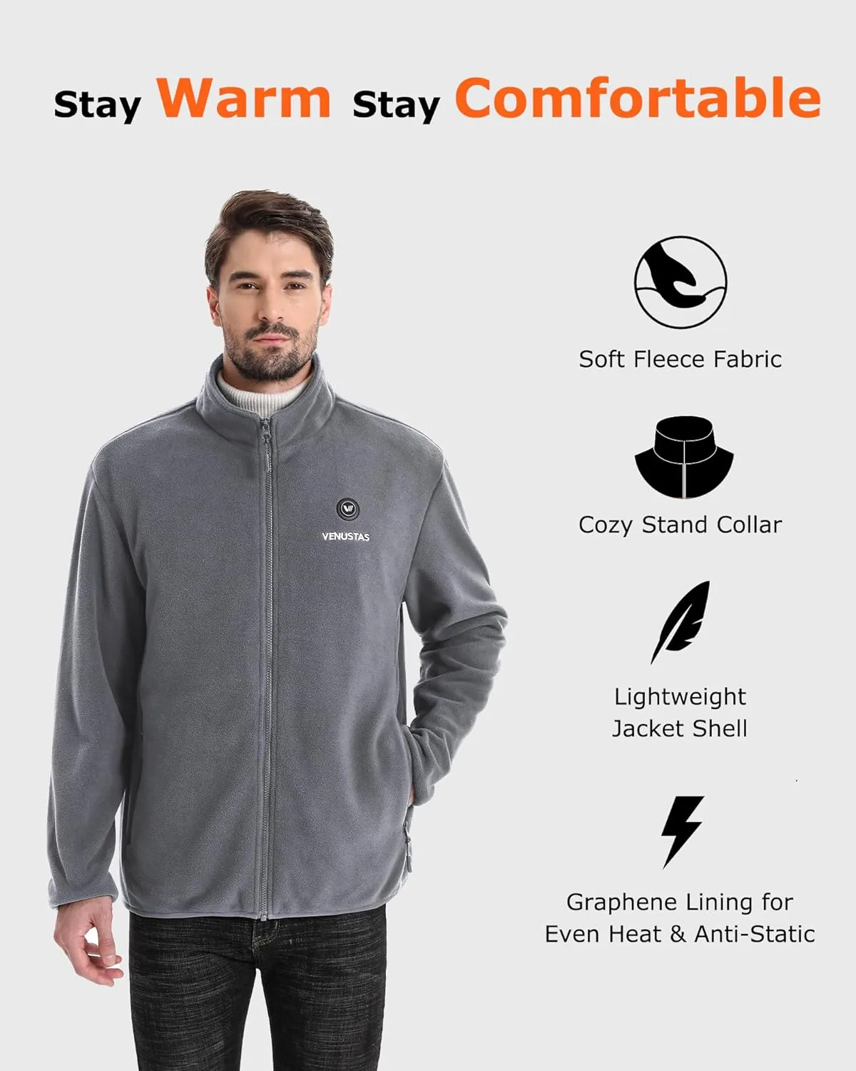Venustas Men's Heated Jacket with Battery, Soft Fleece Heated Coat, Durable YKK Zipper