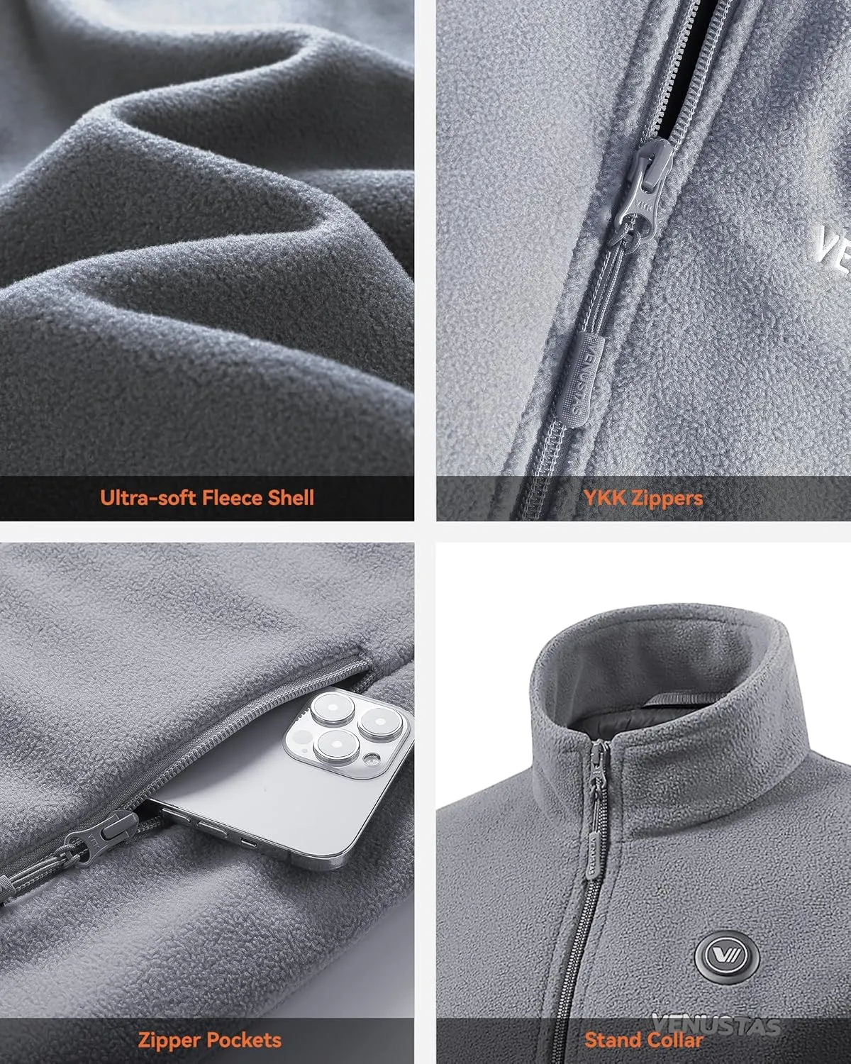 Venustas Men's Heated Jacket with Battery, Soft Fleece Heated Coat, Durable YKK Zipper
