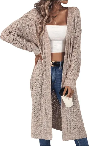 Verdusa Women's Open Front Long Cardigan Sweaters Side Split Long Sleeve Loose Crochet Knit Outwear