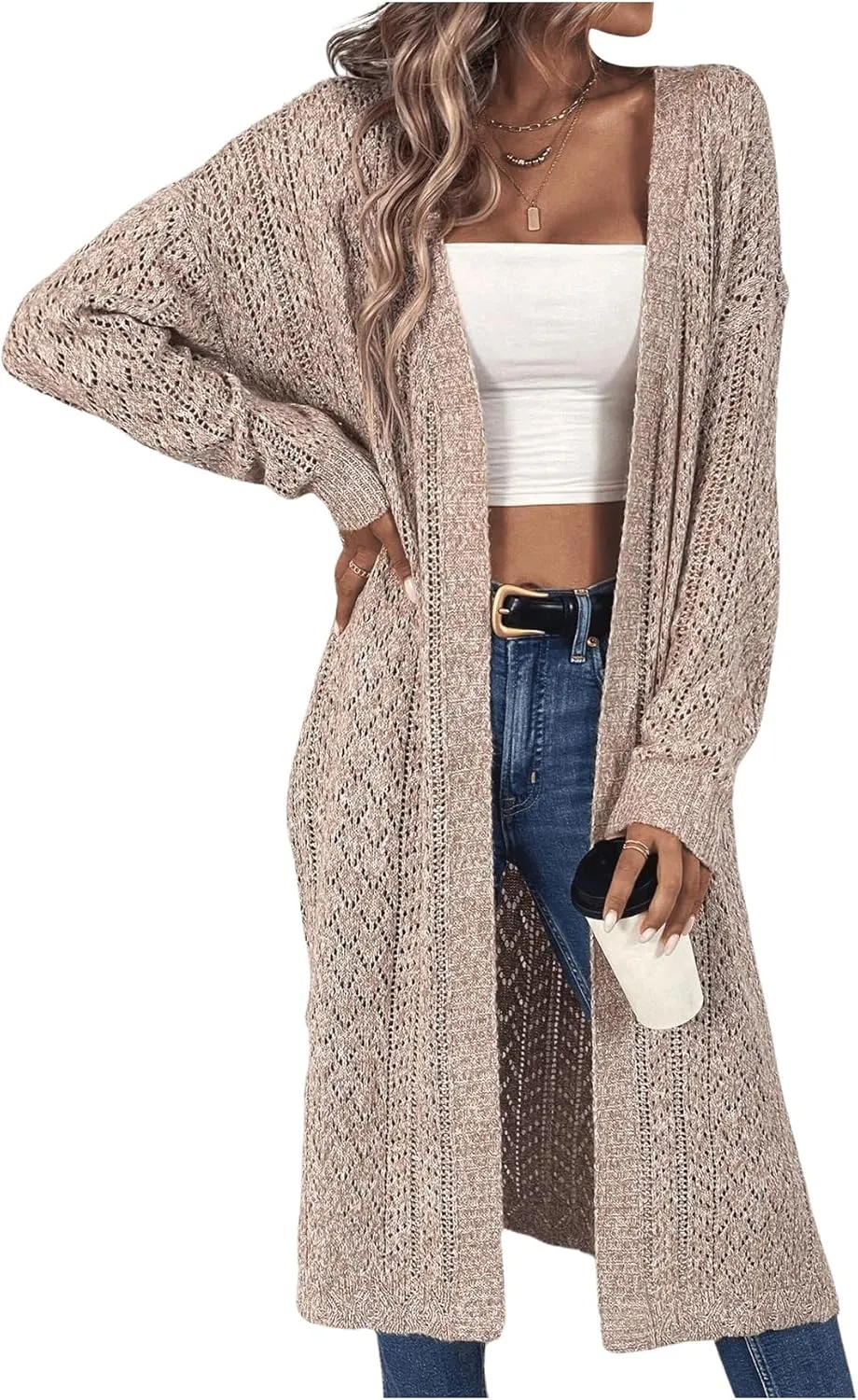 Verdusa Women's Open Front Long Cardigan Sweaters Side Split Long Sleeve Loose Crochet Knit Outwear