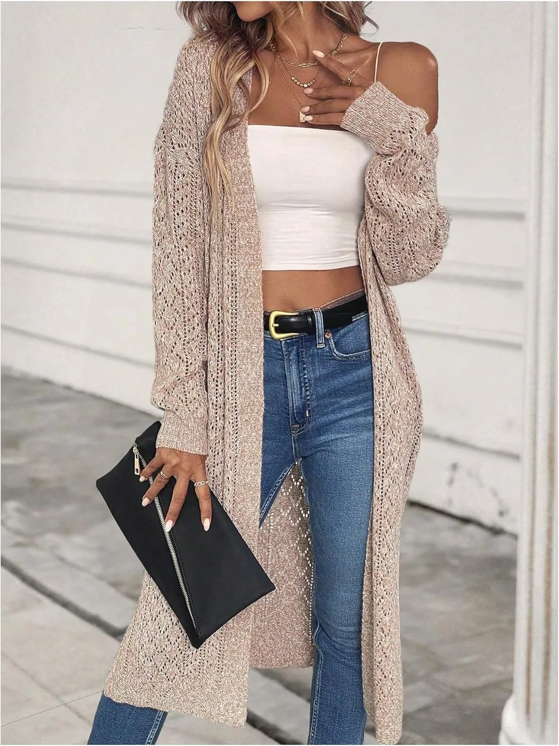 Verdusa Women's Open Front Long Cardigan Sweaters Side Split Long Sleeve Loose Crochet Knit Outwear