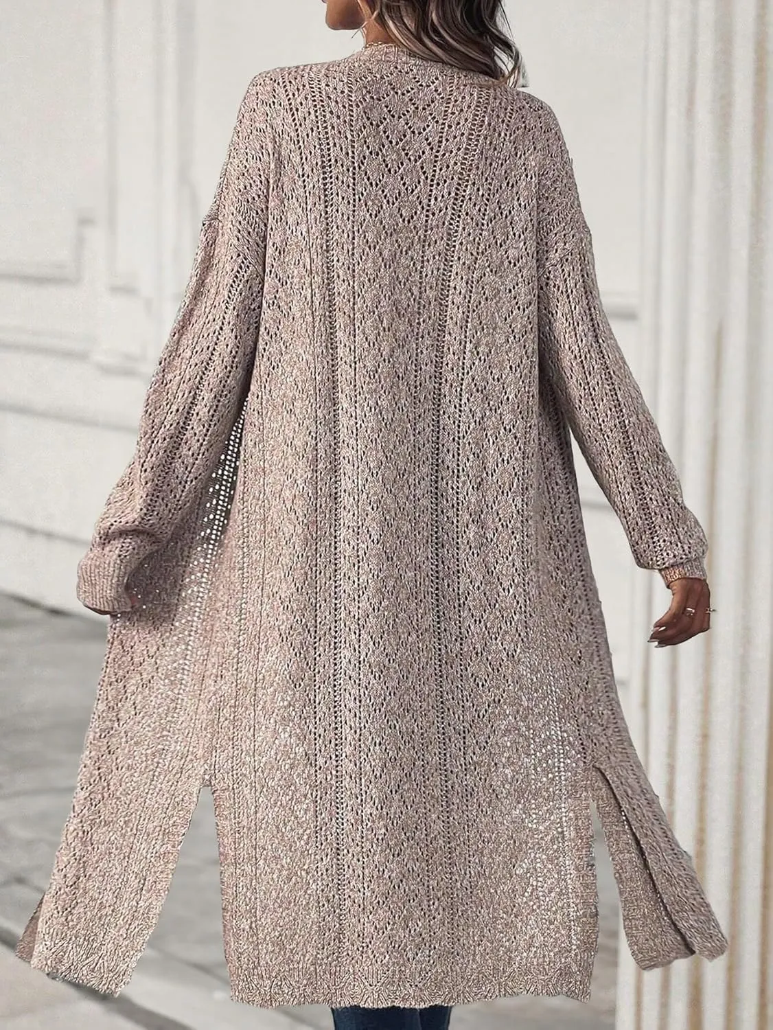 Verdusa Women's Open Front Long Cardigan Sweaters Side Split Long Sleeve Loose Crochet Knit Outwear