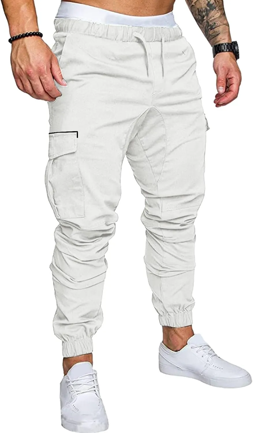 WABEOR Mens Joggers Sweatpants Slim Fit Athletic Cargo Pants Cotton Stretch Elastic Waist Tapered Workout Trousers Pockets White