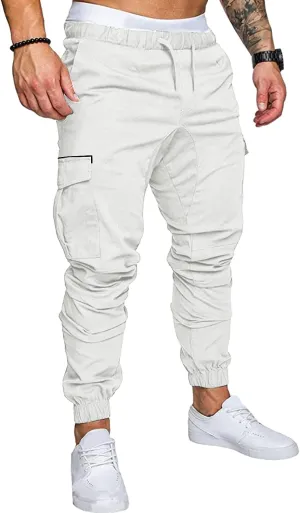 WABEOR Mens Joggers Sweatpants Slim Fit Athletic Cargo Pants Cotton Stretch Elastic Waist Tapered Workout Trousers Pockets White