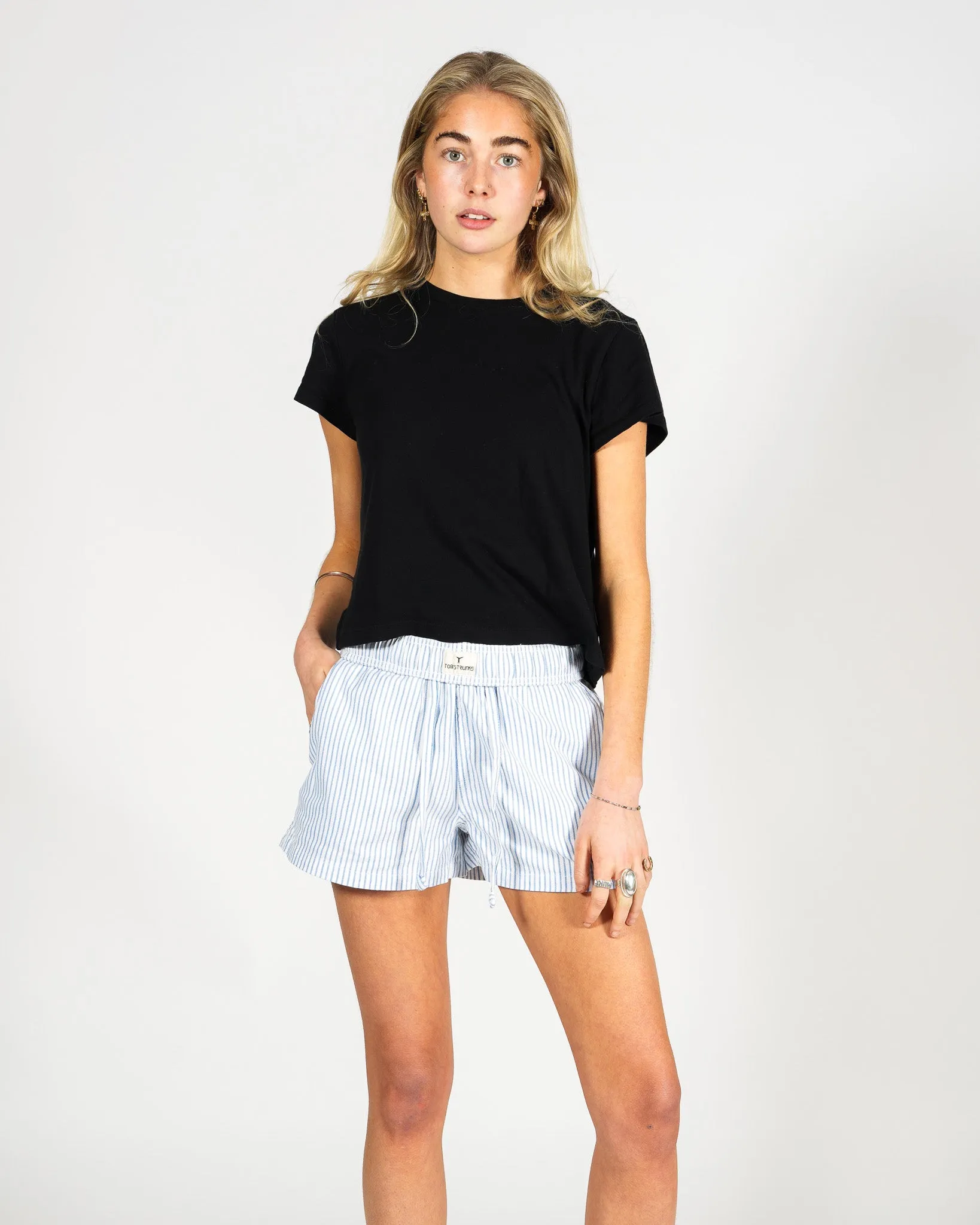 White & Blue Pinstripe Short Shorts