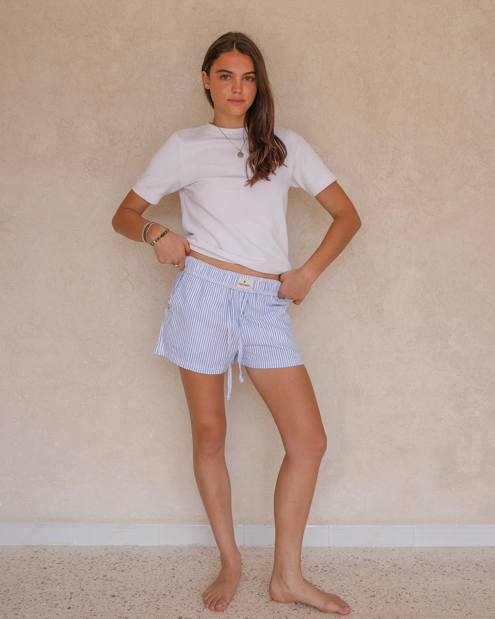 White & Blue Pinstripe Short Shorts