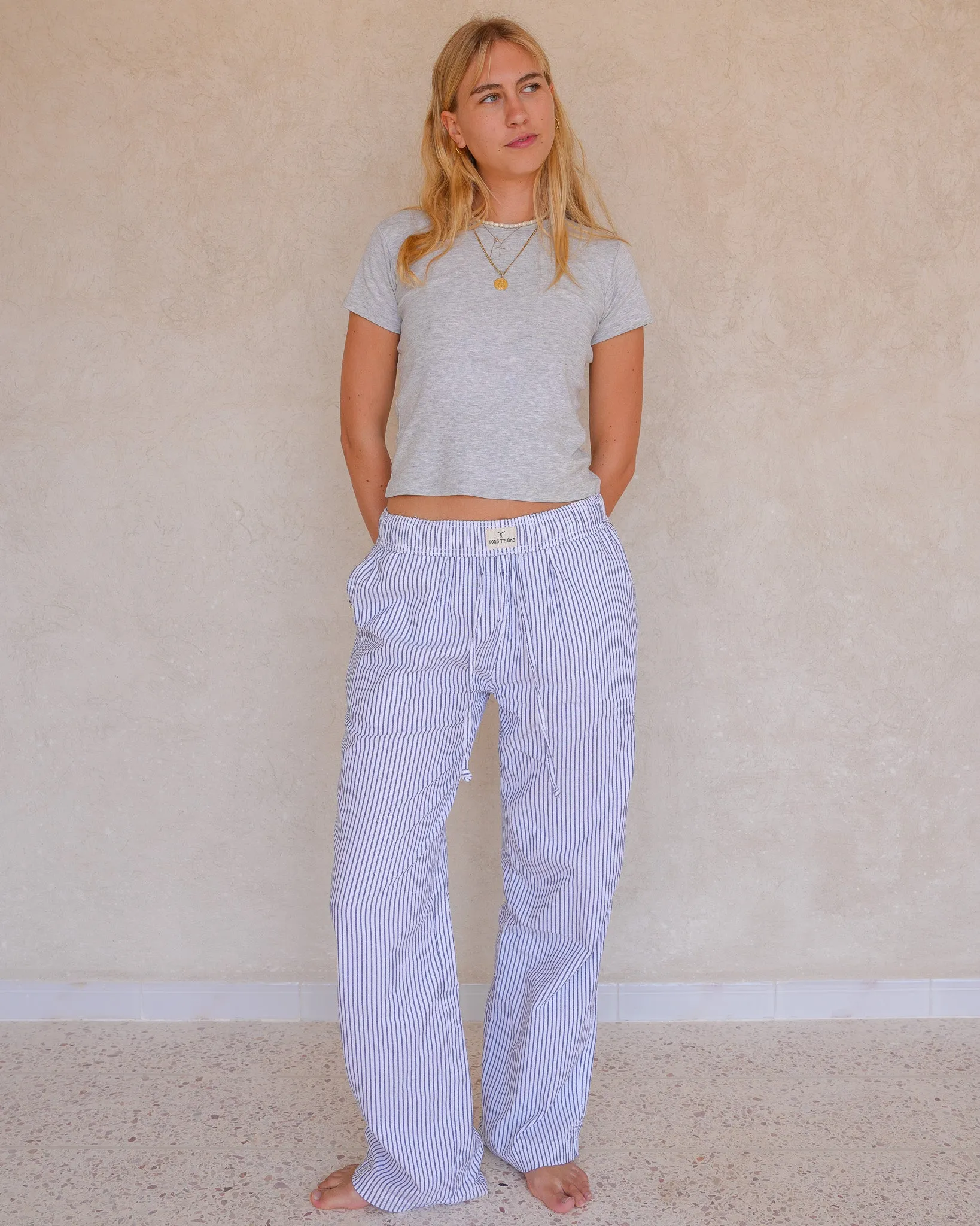 White & Navy Pinstripe Trousers