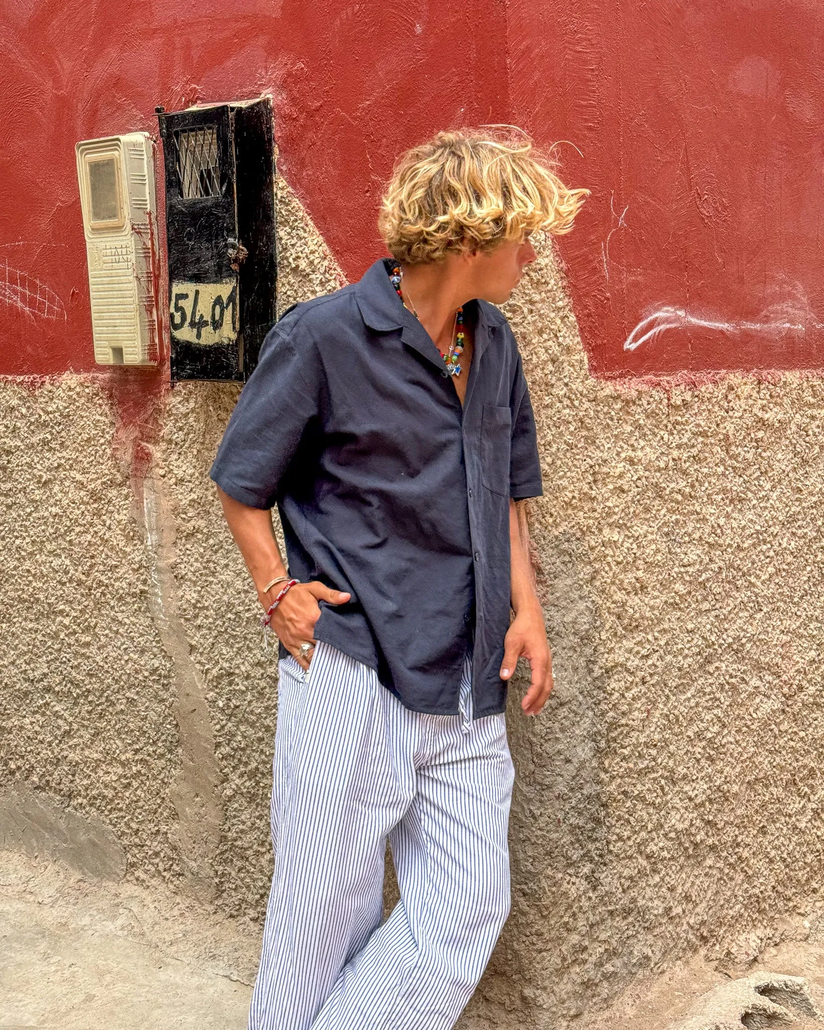 White & Navy Pinstripe Trousers