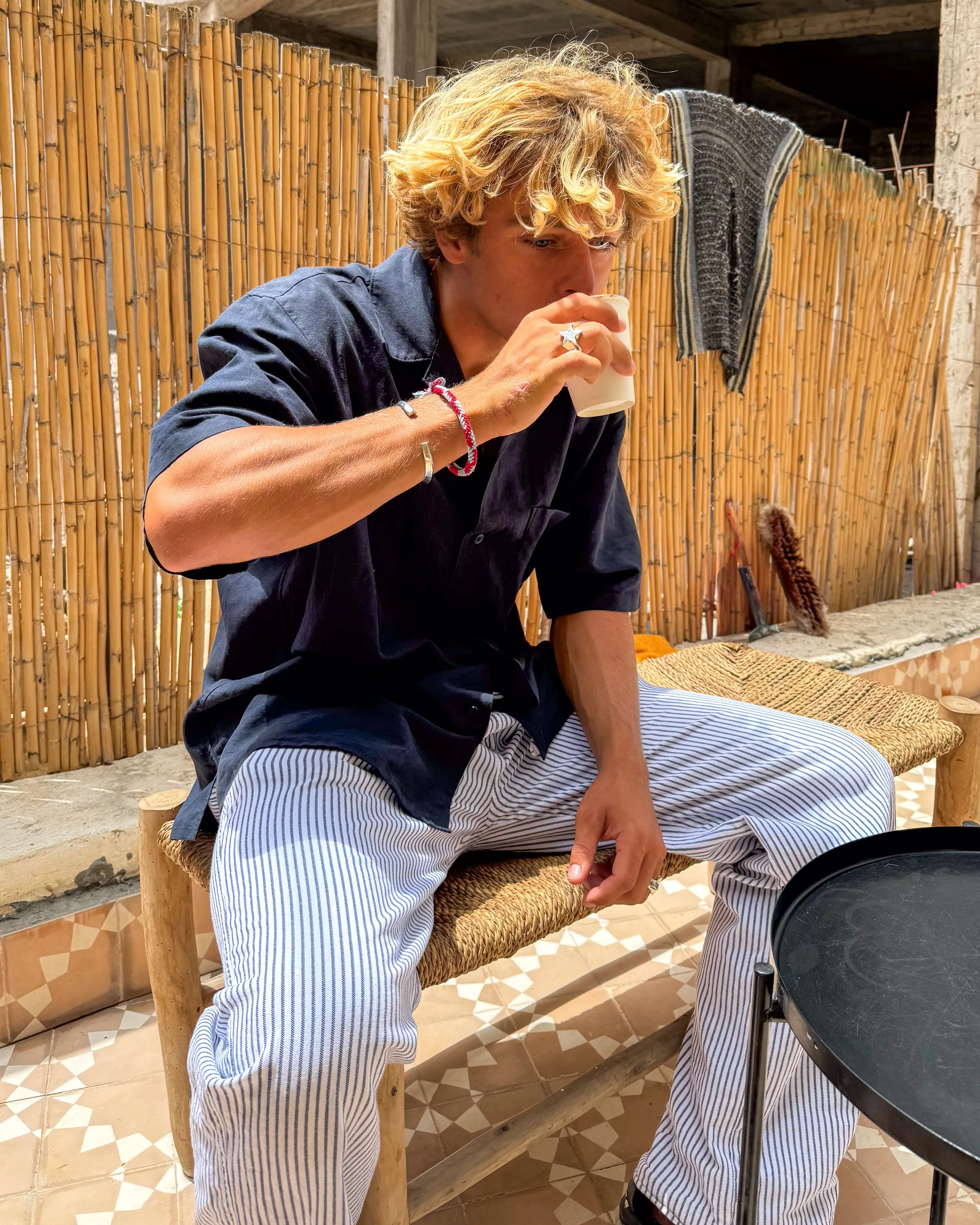 White & Navy Pinstripe Trousers