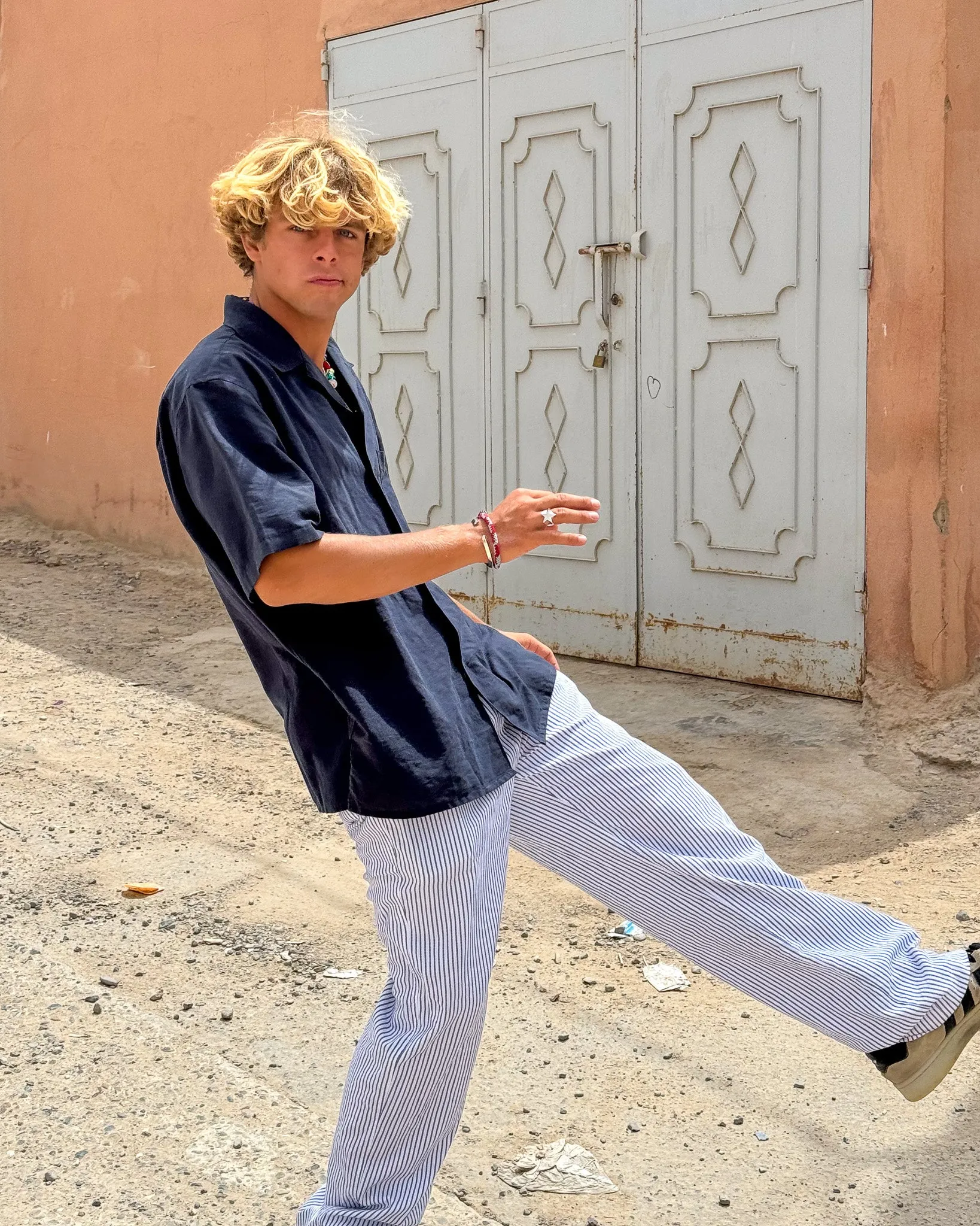 White & Navy Pinstripe Trousers