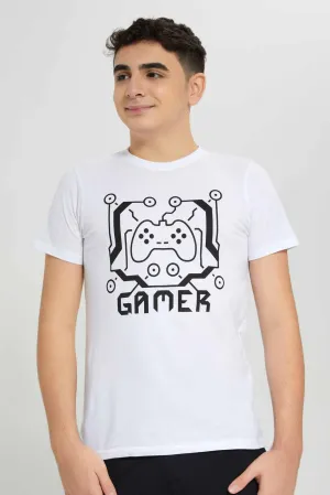 White Gamer Graphic T-Shirt For Senior Boys