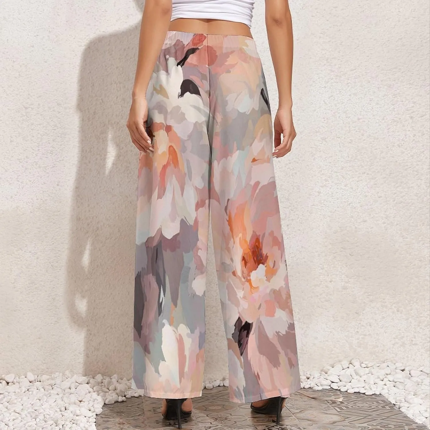 Wide Leg High Waist Pants for Woman Plus Size Flowy Pants Summer Beach Trouser Lightweight Elastic Waist Trouser