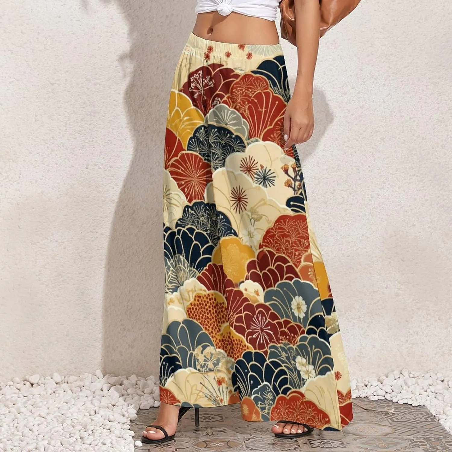 Wide Leg High Waist Pants for Woman Plus Size Flowy Pants Summer Beach Trouser Lightweight Elastic Waist Trouser