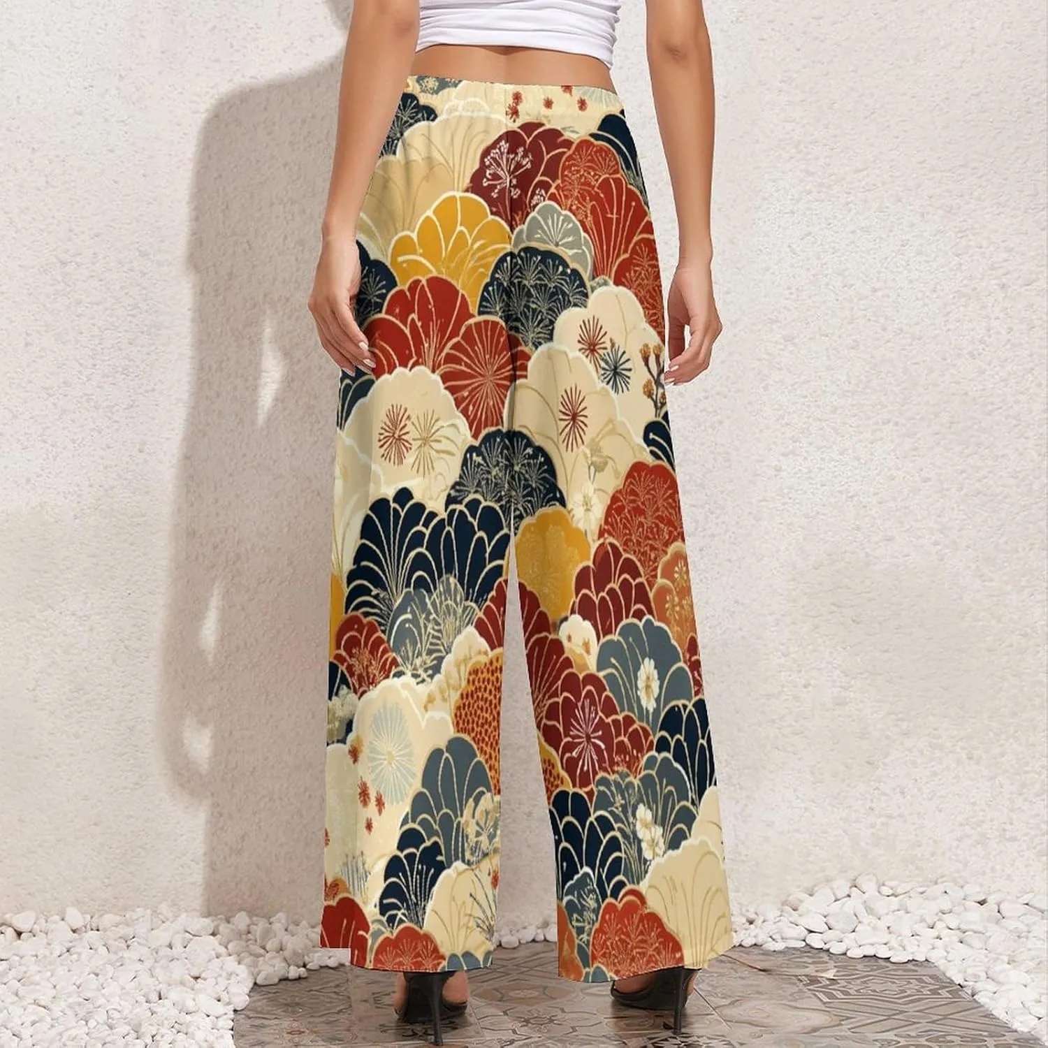 Wide Leg High Waist Pants for Woman Plus Size Flowy Pants Summer Beach Trouser Lightweight Elastic Waist Trouser