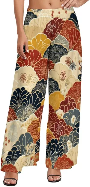 Wide Leg High Waist Pants for Woman Plus Size Flowy Pants Summer Beach Trouser Lightweight Elastic Waist Trouser