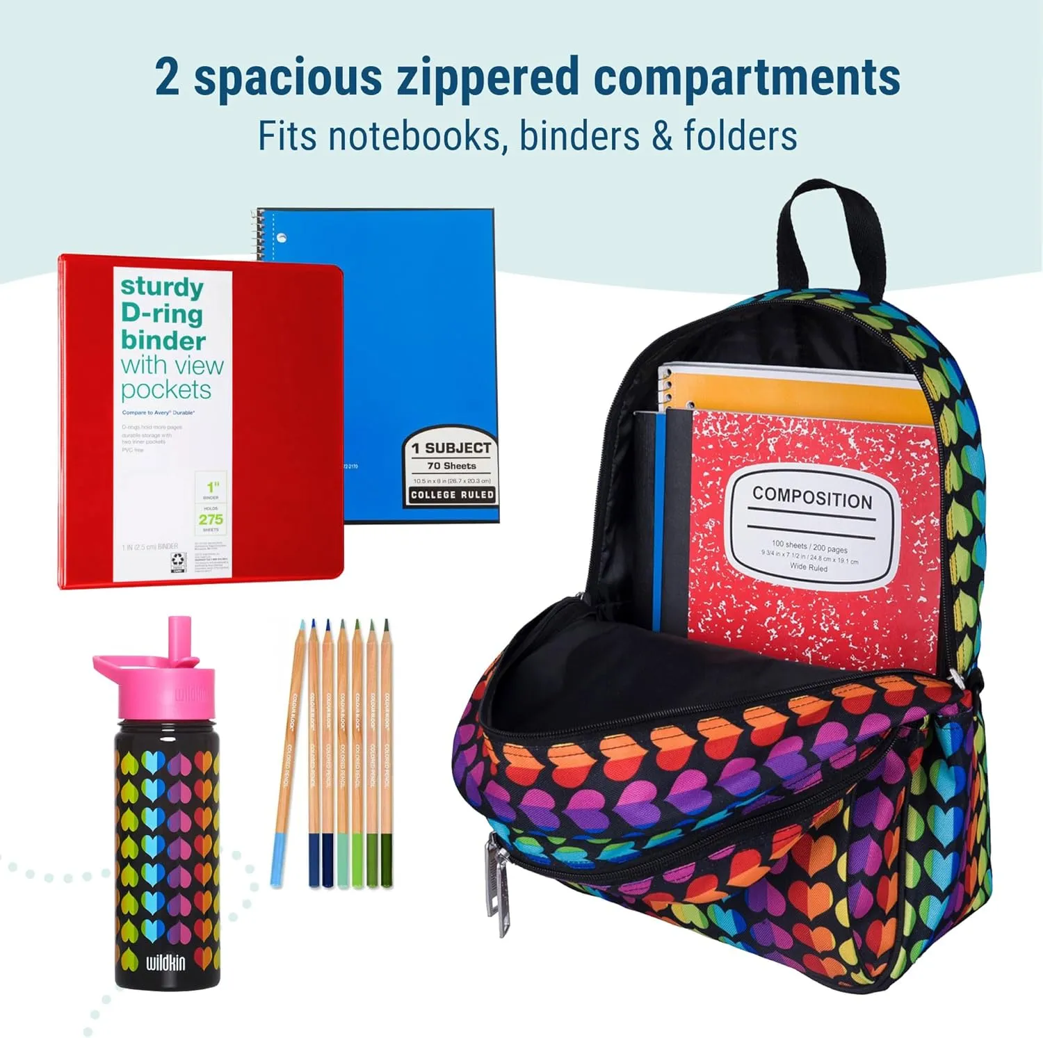 Wildkin 15-inch Kids Backpack  Durable, Padded, Adjustable for School & Travel - Rainbow Hearts
