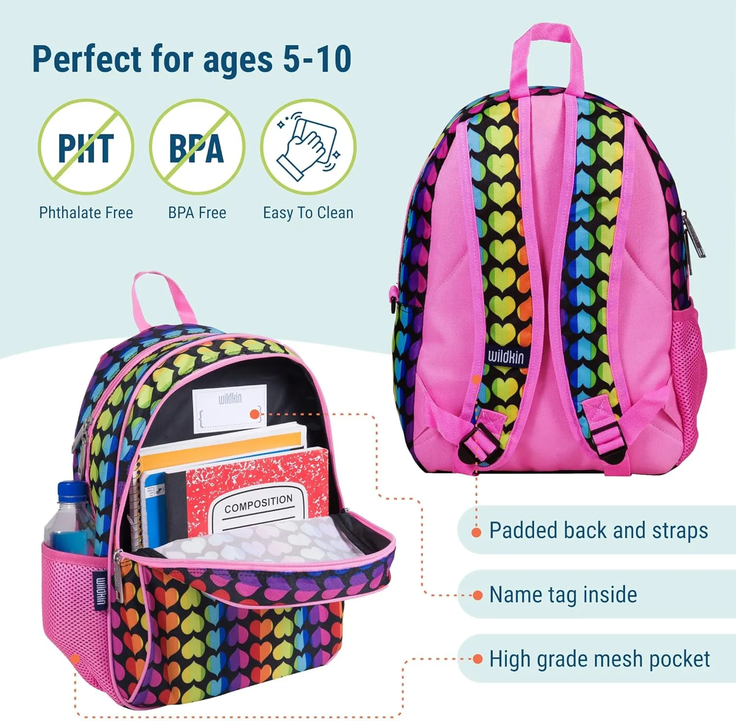 Wildkin 15-inch Kids Backpack  Durable, Padded, Adjustable for School & Travel - Rainbow Hearts