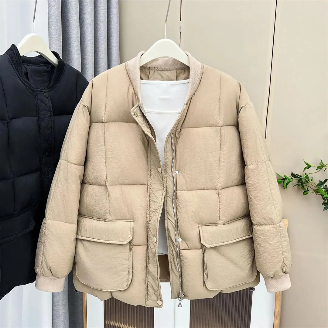 Winter Big Pocket Baseball Collar Cotton-Padded Parka Women's Warm Zipper Coat