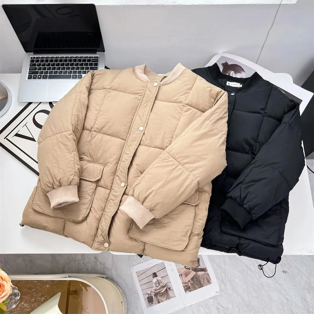 Winter Big Pocket Baseball Collar Cotton-Padded Parka Women's Warm Zipper Coat