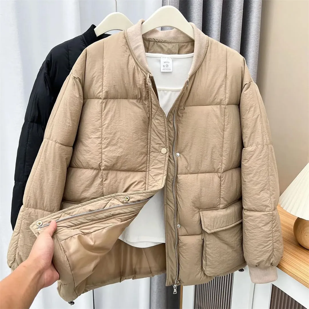 Winter Big Pocket Baseball Collar Cotton-Padded Parka Women's Warm Zipper Coat