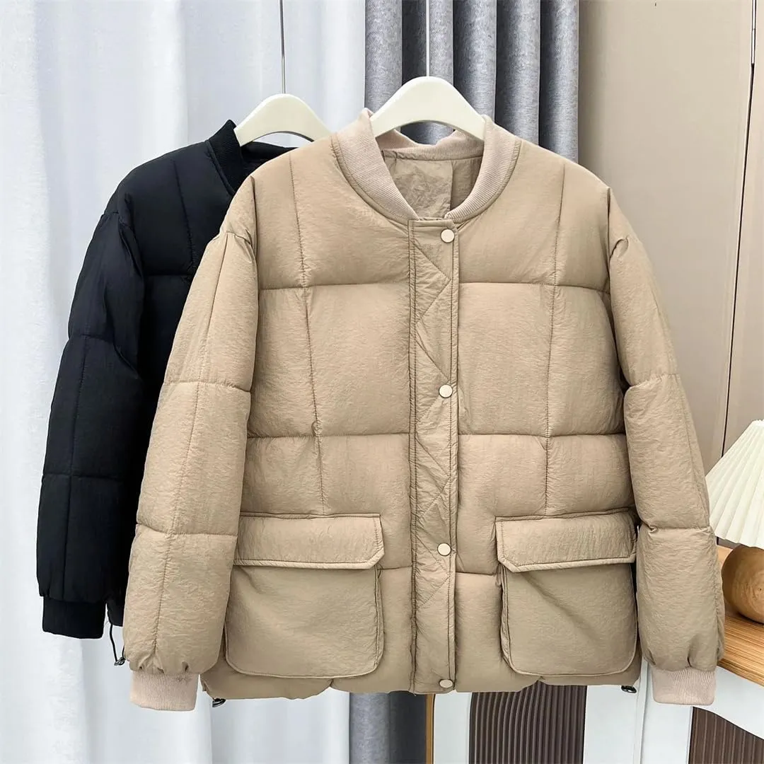 Winter Big Pocket Baseball Collar Cotton-Padded Parka Women's Warm Zipper Coat