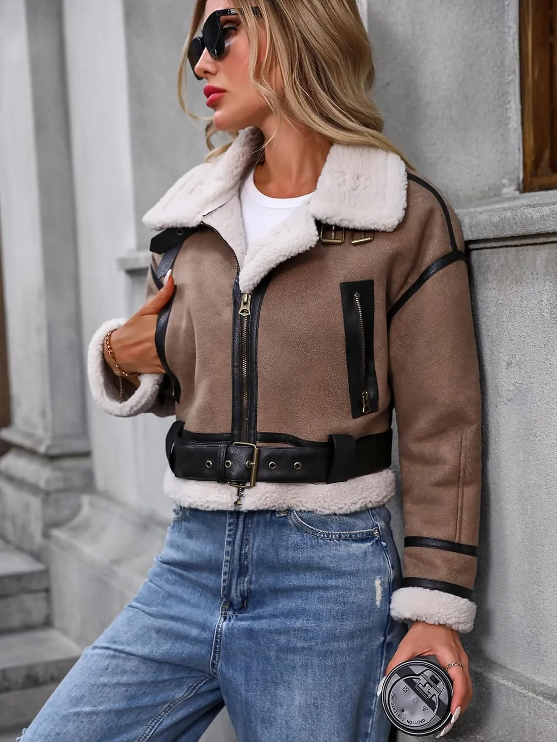 Winter Women Faux Lamb Fur Leather Jacket Warm Fur Lined Zipper Cropped Bomber Aviator Coat