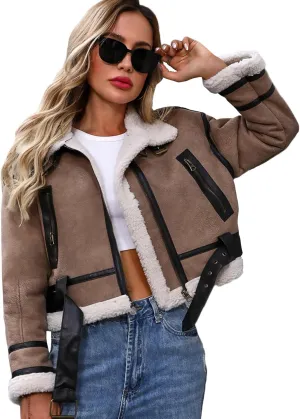 Winter Women Faux Lamb Fur Leather Jacket Warm Fur Lined Zipper Cropped Bomber Aviator Coat