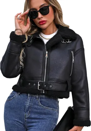 Winter Women Faux Lamb Fur Leather Jacket Warm Fur Lined Zipper Cropped Bomber Aviator Coat