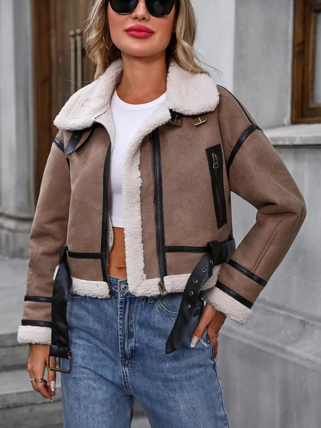 Winter Women Faux Lamb Fur Leather Jacket Warm Fur Lined Zipper Cropped Bomber Aviator Coat