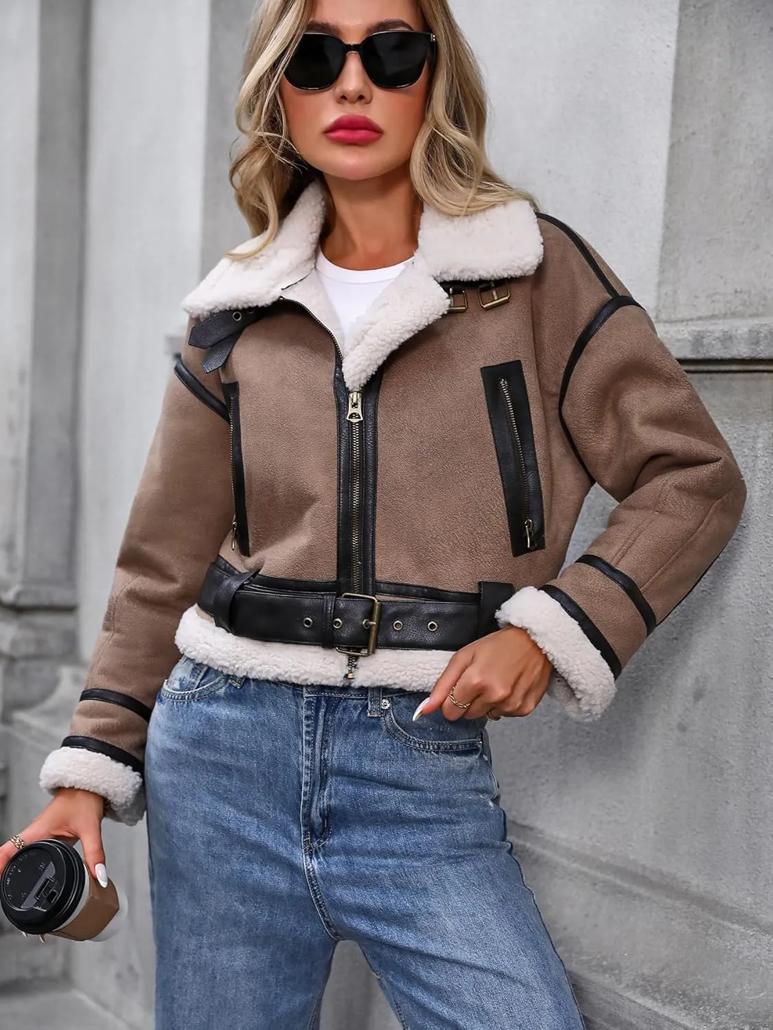 Winter Women Faux Lamb Fur Leather Jacket Warm Fur Lined Zipper Cropped Bomber Aviator Coat