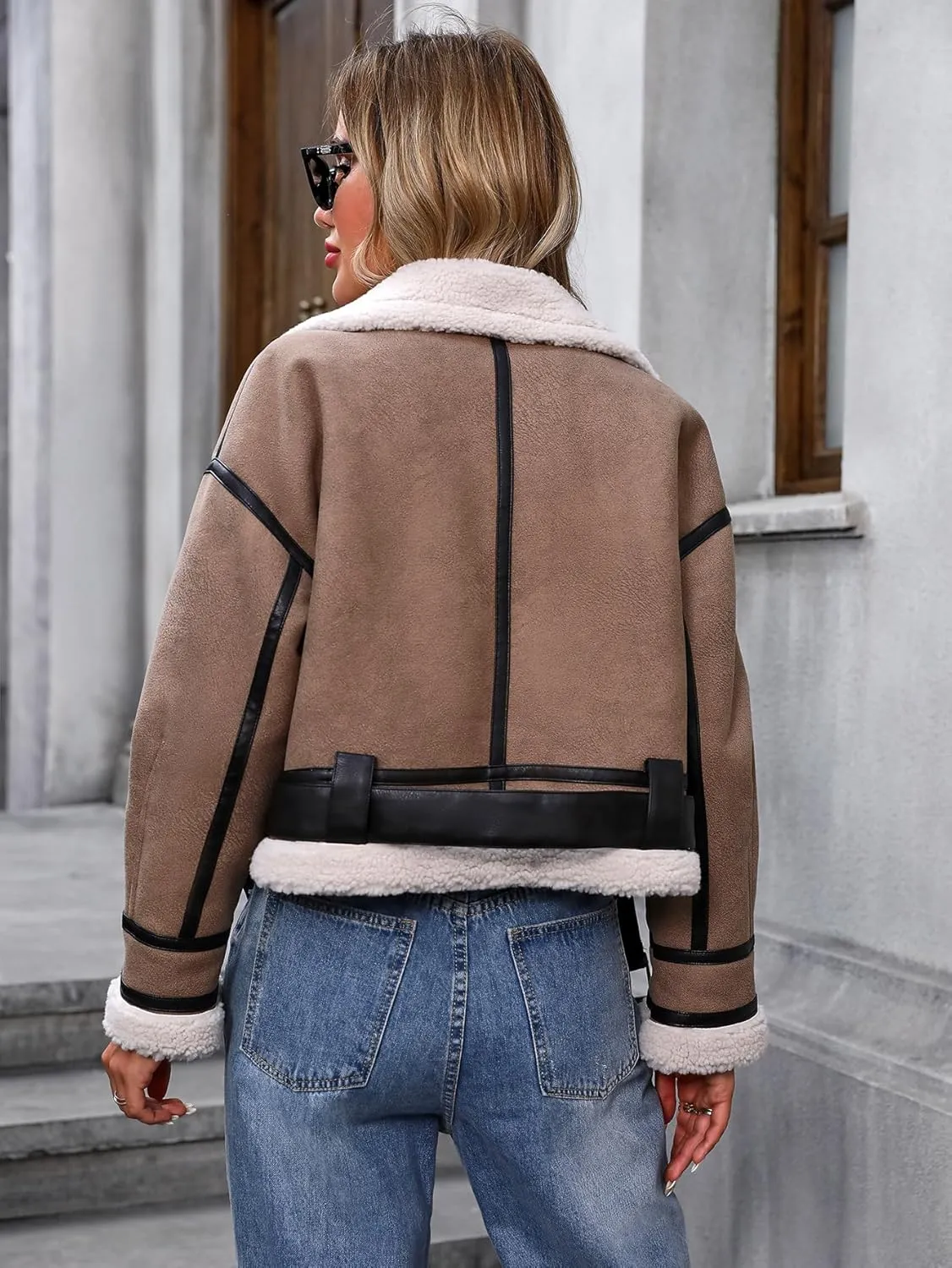 Winter Women Faux Lamb Fur Leather Jacket Warm Fur Lined Zipper Cropped Bomber Aviator Coat