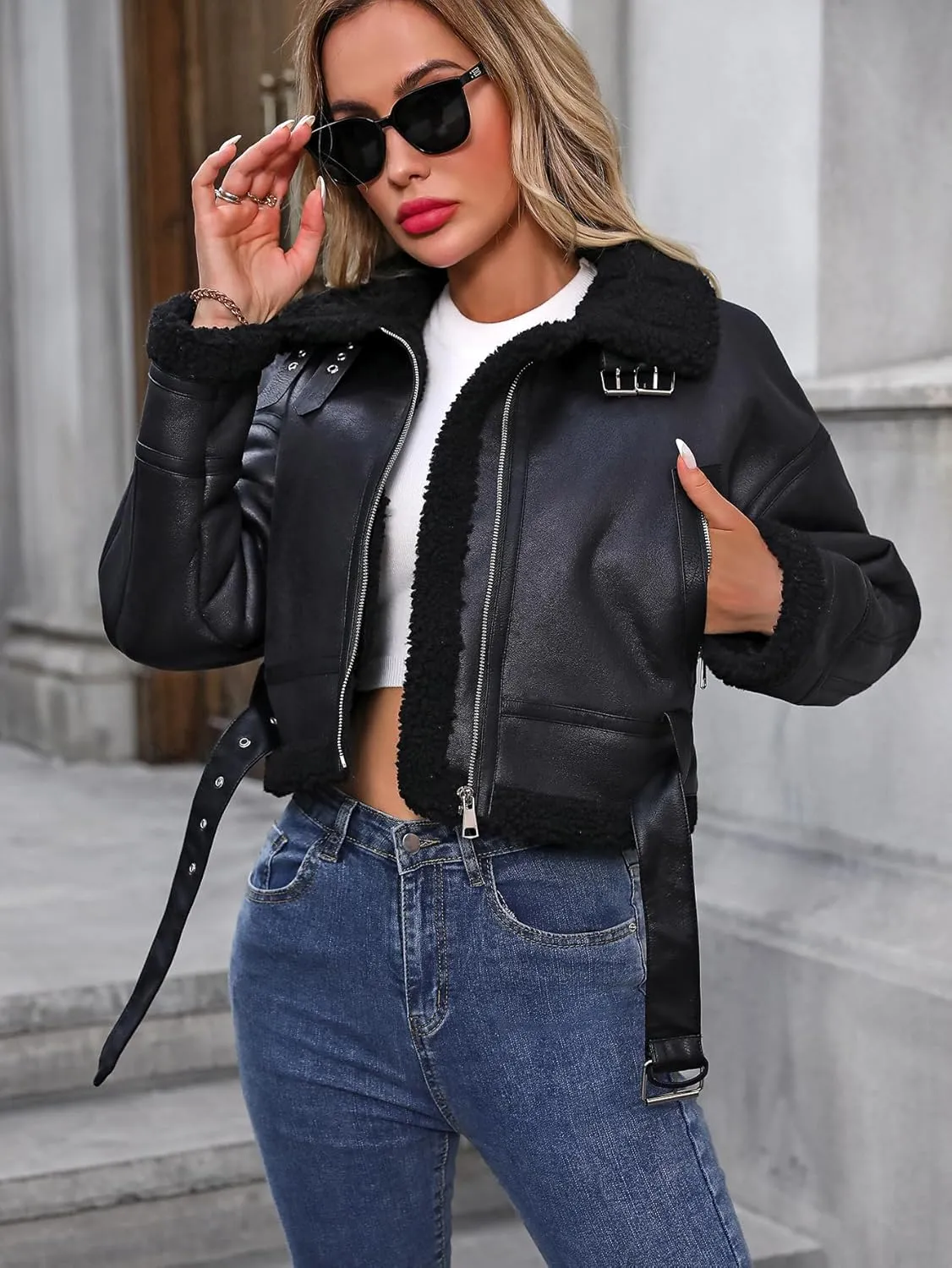 Winter Women Faux Lamb Fur Leather Jacket Warm Fur Lined Zipper Cropped Bomber Aviator Coat