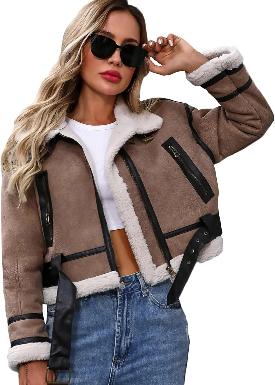 Winter Women Faux Lamb Fur Leather Jacket Warm Fur Lined Zipper Cropped Bomber Aviator Coat
