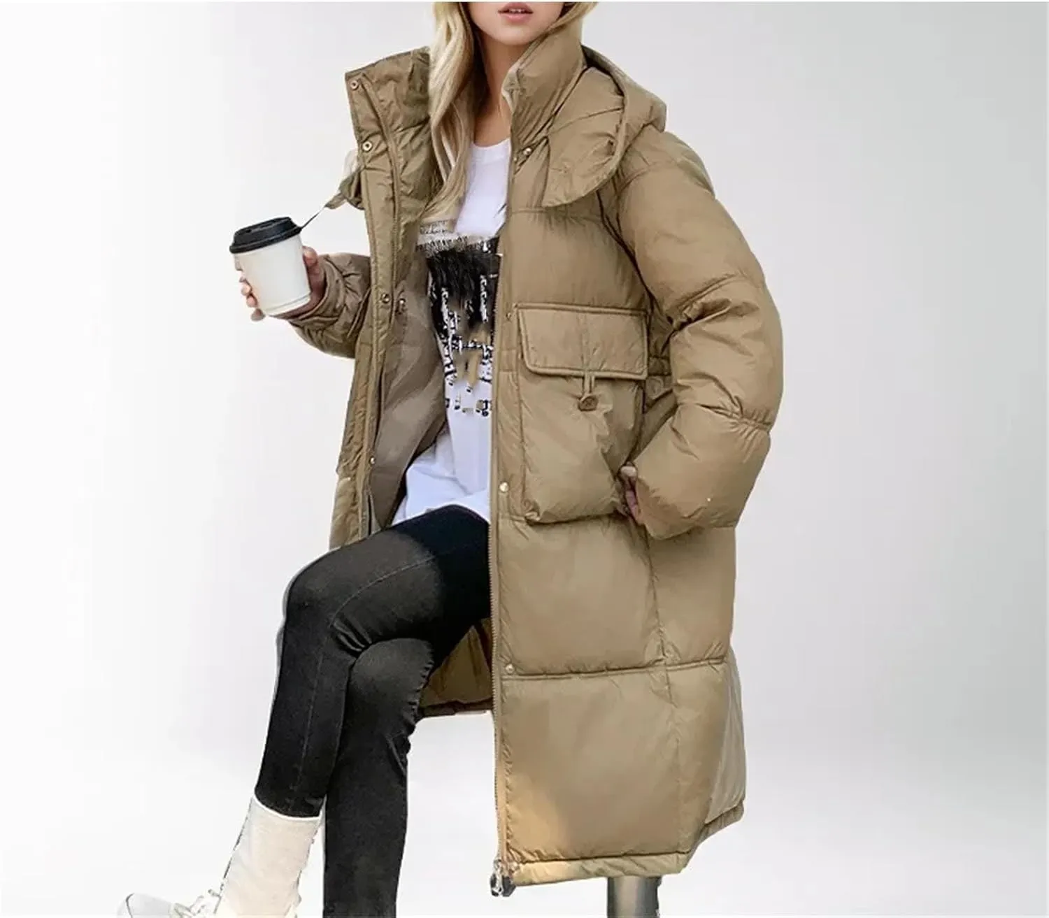 Women Button Pockets Warm Long Parka Coat Classic Hooded Loose Cotton-Padded Jacket