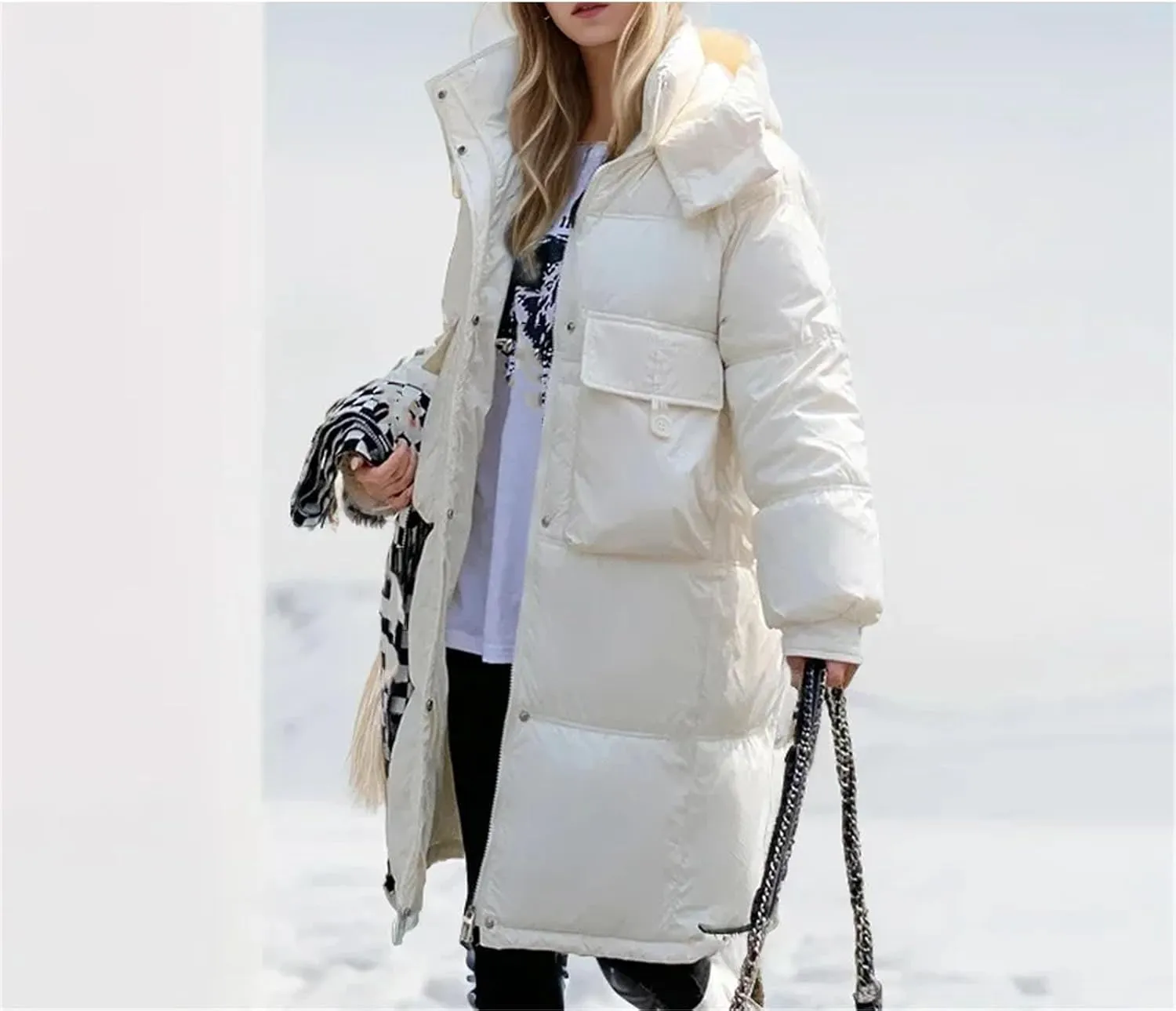 Women Button Pockets Warm Long Parka Coat Classic Hooded Loose Cotton-Padded Jacket