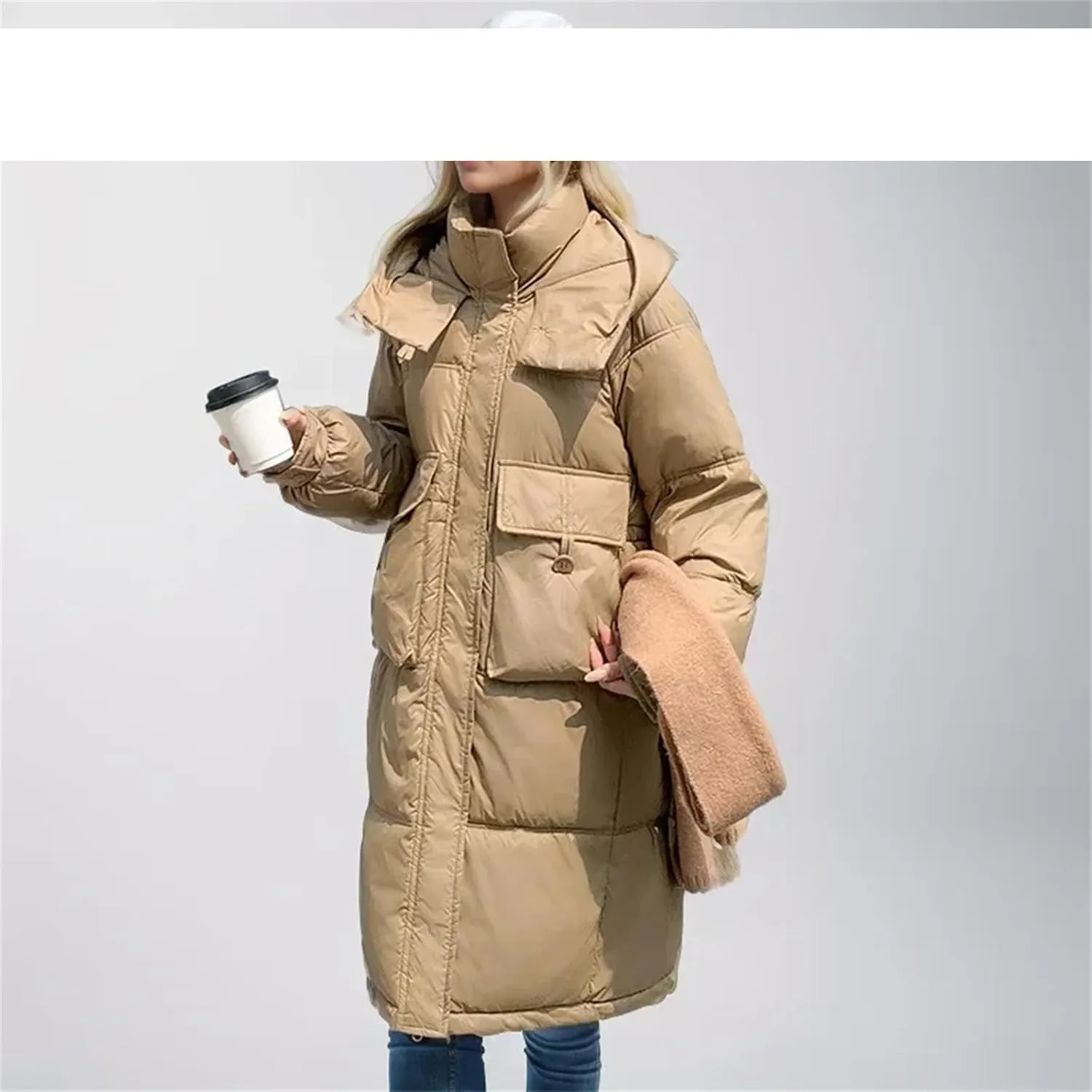 Women Button Pockets Warm Long Parka Coat Classic Hooded Loose Cotton-Padded Jacket