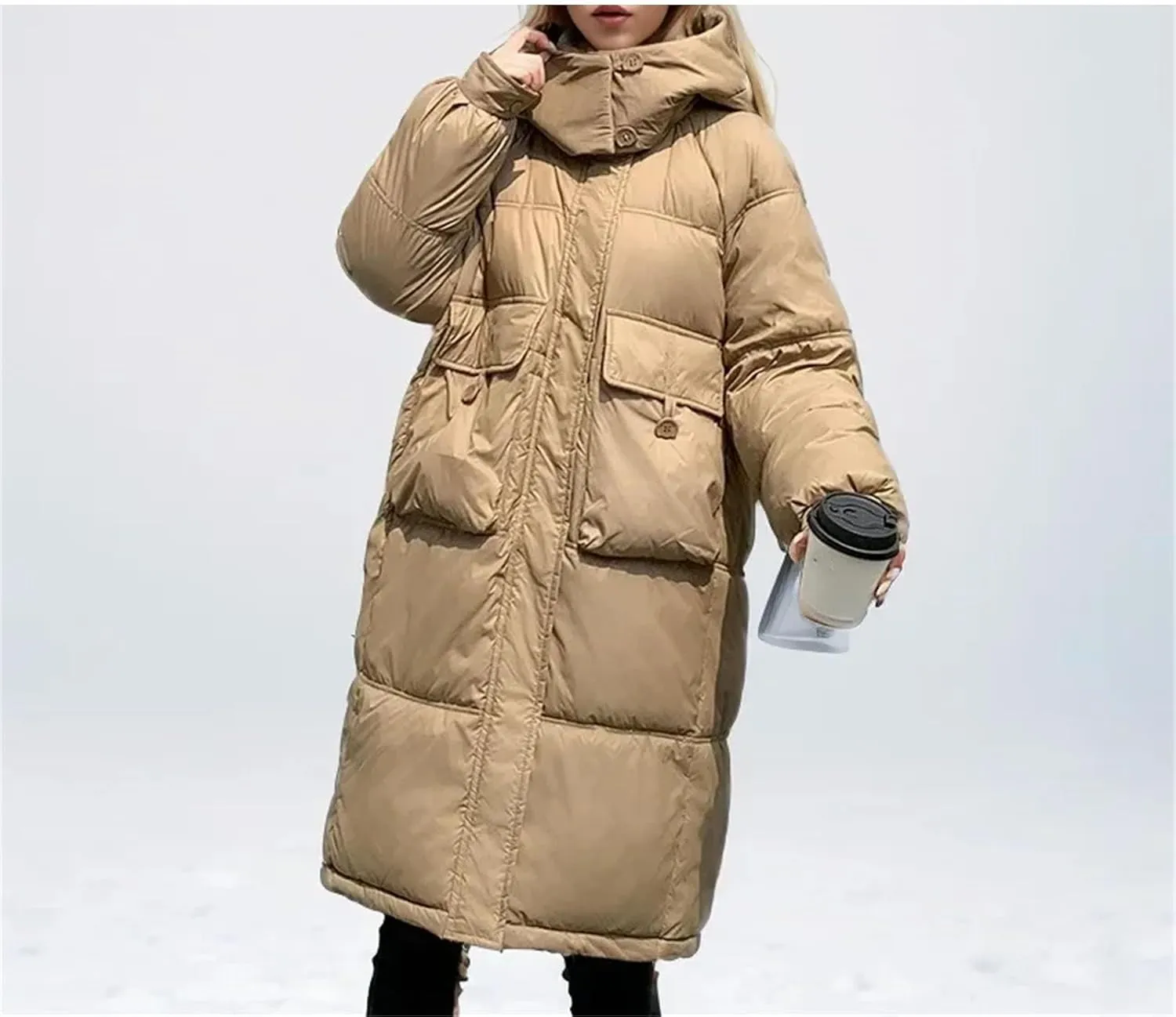 Women Button Pockets Warm Long Parka Coat Classic Hooded Loose Cotton-Padded Jacket