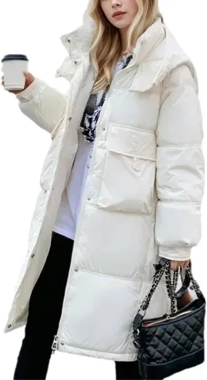 Women Button Pockets Warm Long Parka Coat Classic Hooded Loose Cotton-Padded Jacket
