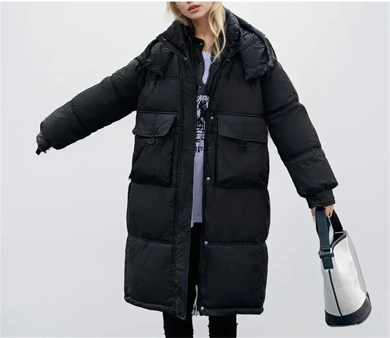 Women Button Pockets Warm Long Parka Coat Classic Hooded Loose Cotton-Padded Jacket