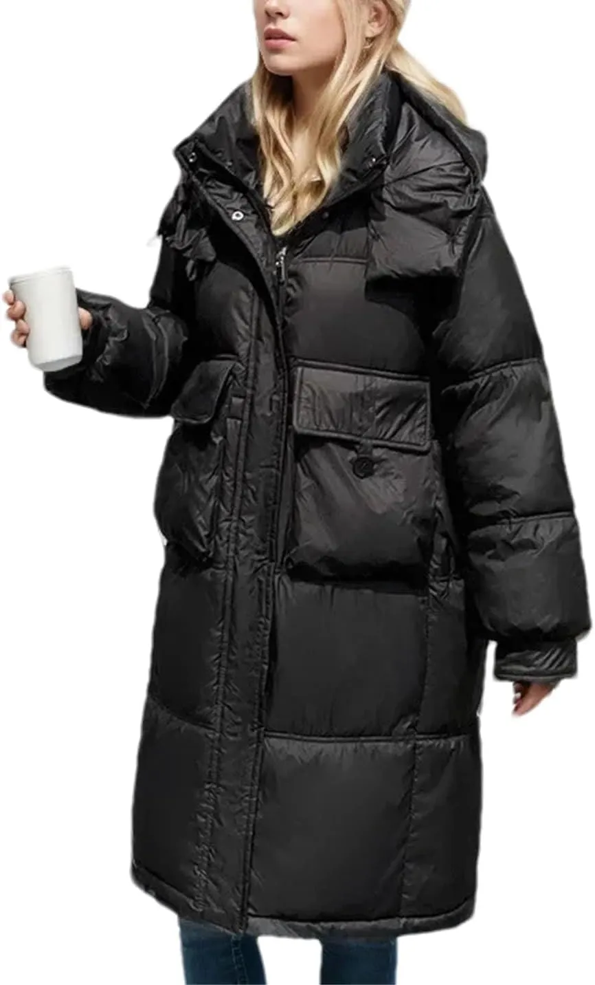 Women Button Pockets Warm Long Parka Coat Classic Hooded Loose Cotton-Padded Jacket