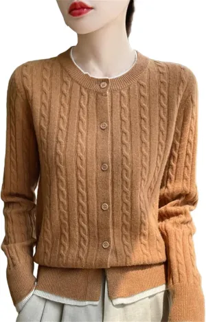 Women Cable Knit Wool Cardigan Sweaters Basic-Fit Long-Sleeve Crew-Neck Button Down Jumpers
