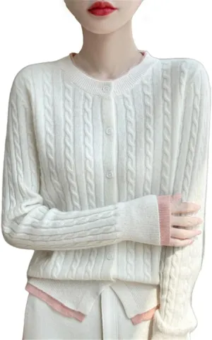 Women Cable Knit Wool Cardigan Sweaters Basic-Fit Long-Sleeve Crew-Neck Button Down Jumpers