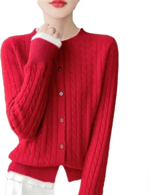 Women Cable Knit Wool Cardigan Sweaters Basic-Fit Long-Sleeve Crew-Neck Button Down Jumpers