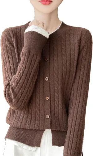 Women Cable Knit Wool Cardigan Sweaters Basic-Fit Long-Sleeve Crew-Neck Button Down Jumpers