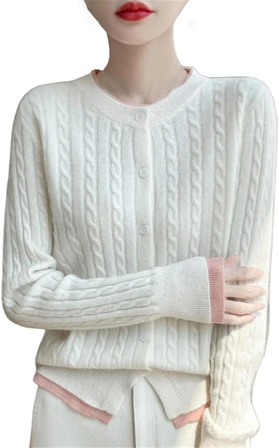Women Cable Knit Wool Cardigan Sweaters Basic-Fit Long-Sleeve Crew-Neck Button Down Jumpers