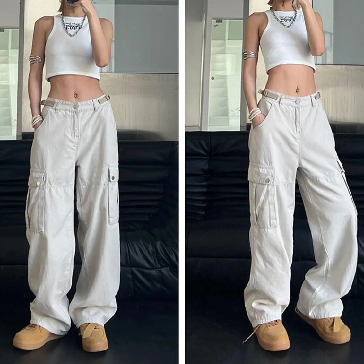 Women Cargo Pants Baggy Y2K Clothing Multi Pockets High Waist Loose Straight Leg Pants Vintage Grunge Aesthetic Clothes